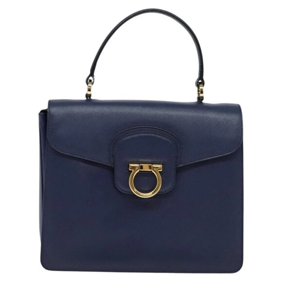 Salvatore Ferragamo Gancini Hand Bag Leather 2way Navy Gold Auth 120979 - Picture 1 of 16